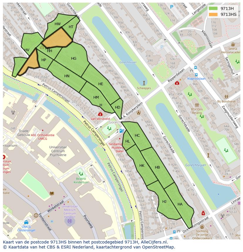 Afbeelding van het postcodegebied 9713 HS op de kaart.