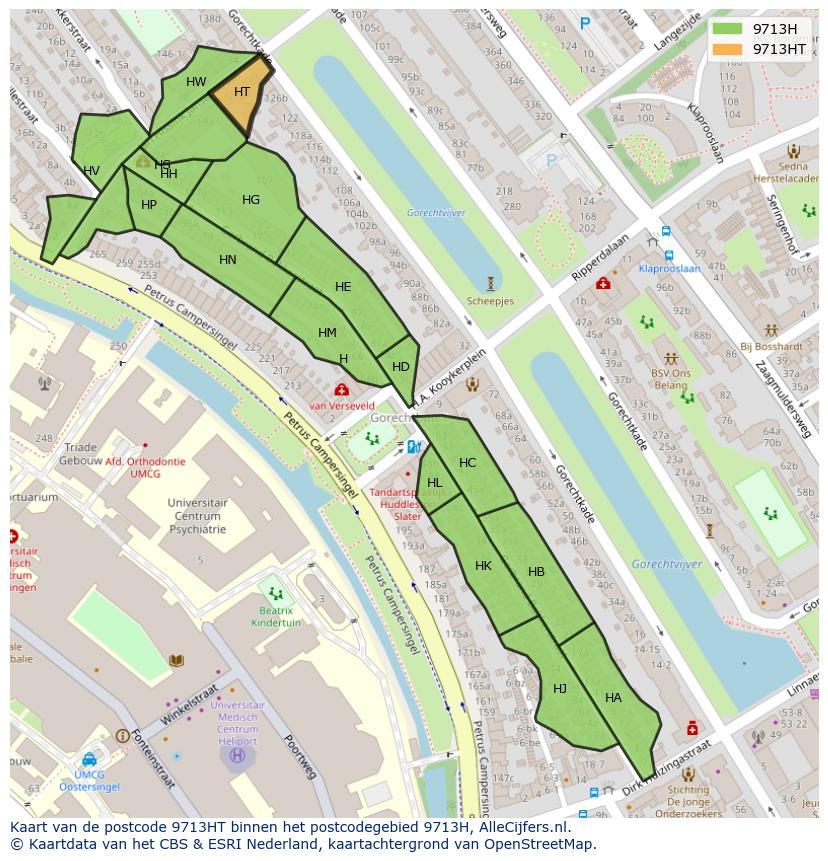 Afbeelding van het postcodegebied 9713 HT op de kaart.