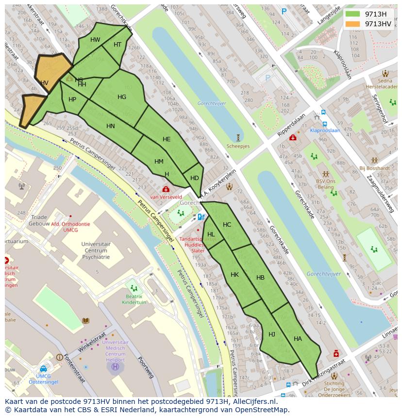Afbeelding van het postcodegebied 9713 HV op de kaart.