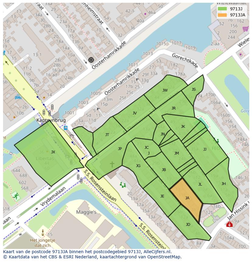 Afbeelding van het postcodegebied 9713 JA op de kaart.