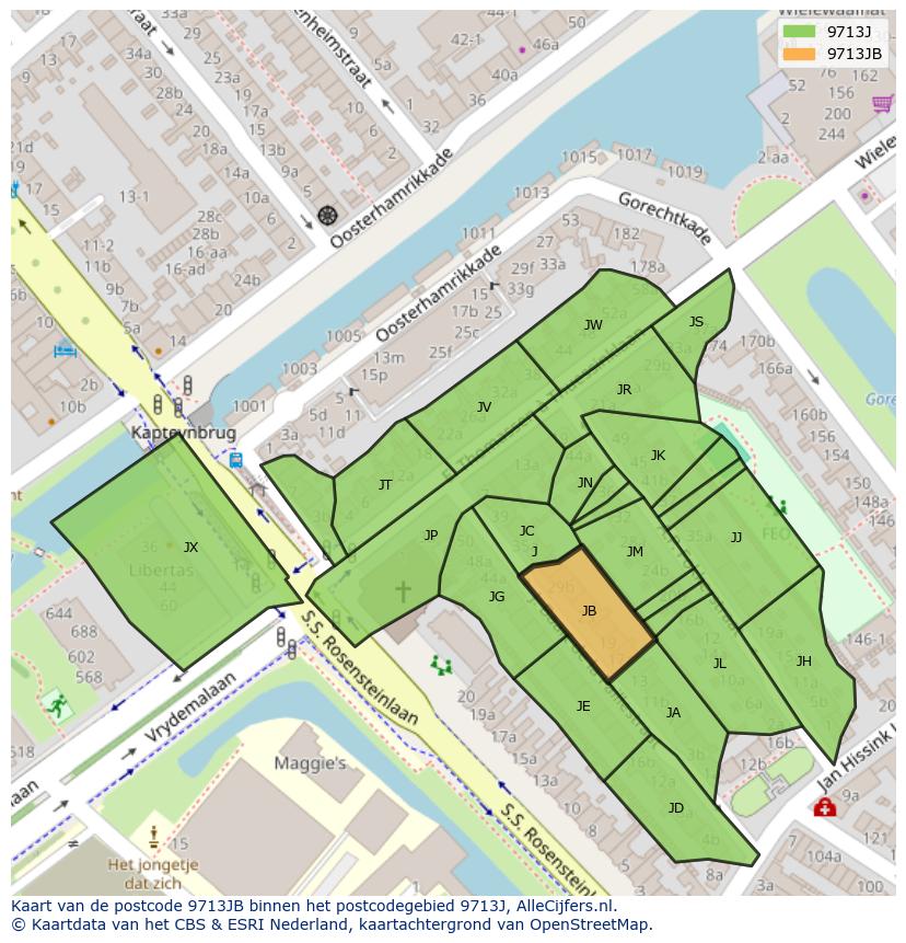 Afbeelding van het postcodegebied 9713 JB op de kaart.