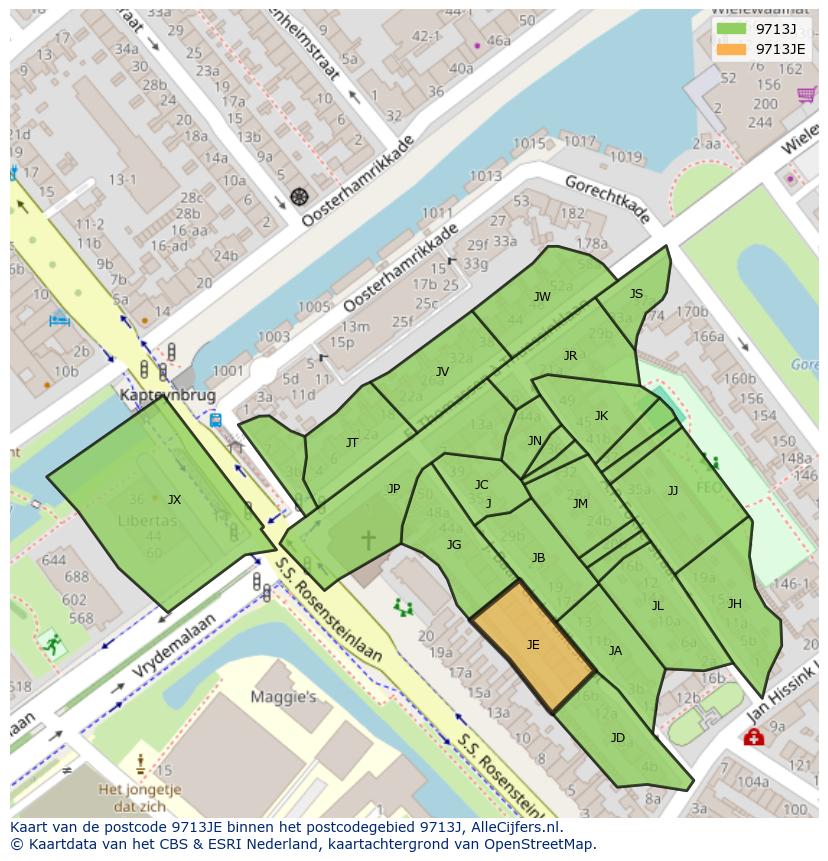 Afbeelding van het postcodegebied 9713 JE op de kaart.