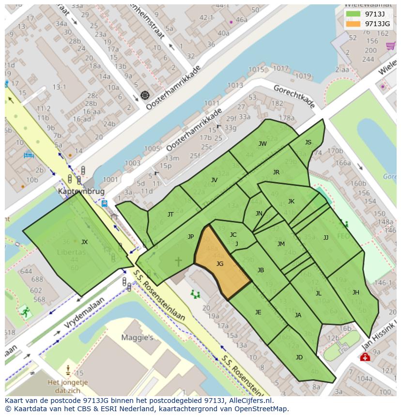 Afbeelding van het postcodegebied 9713 JG op de kaart.