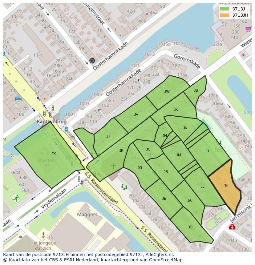 Afbeelding van het postcodegebied 9713 JH op de kaart.