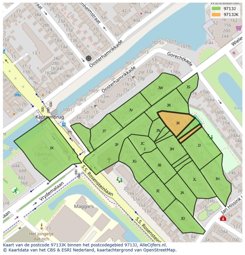Afbeelding van het postcodegebied 9713 JK op de kaart.