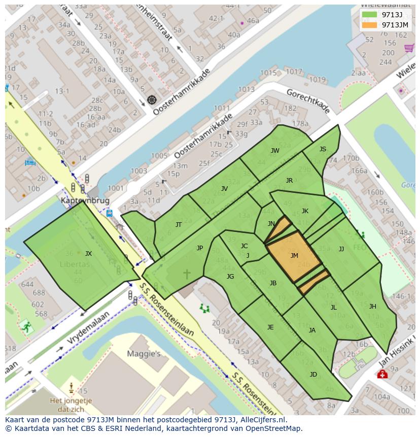 Afbeelding van het postcodegebied 9713 JM op de kaart.