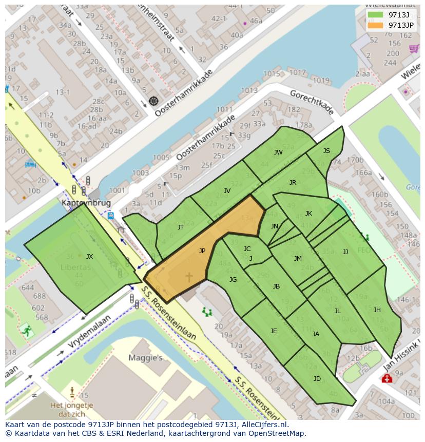 Afbeelding van het postcodegebied 9713 JP op de kaart.