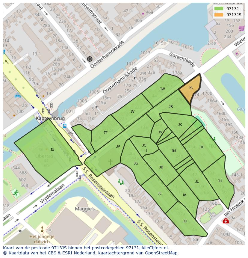 Afbeelding van het postcodegebied 9713 JS op de kaart.