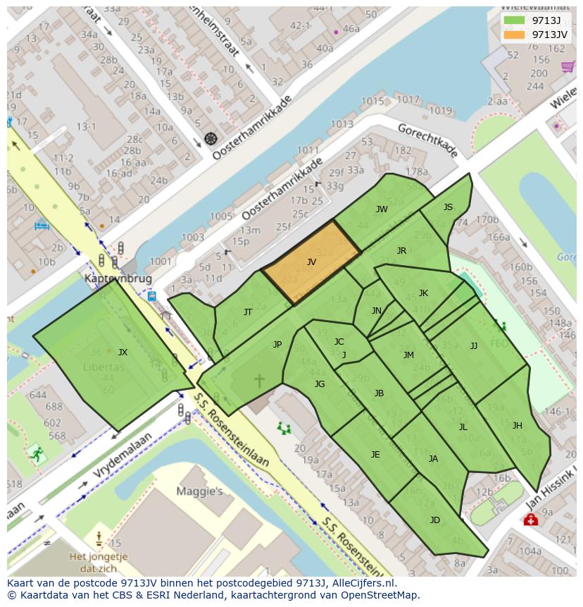 Afbeelding van het postcodegebied 9713 JV op de kaart.