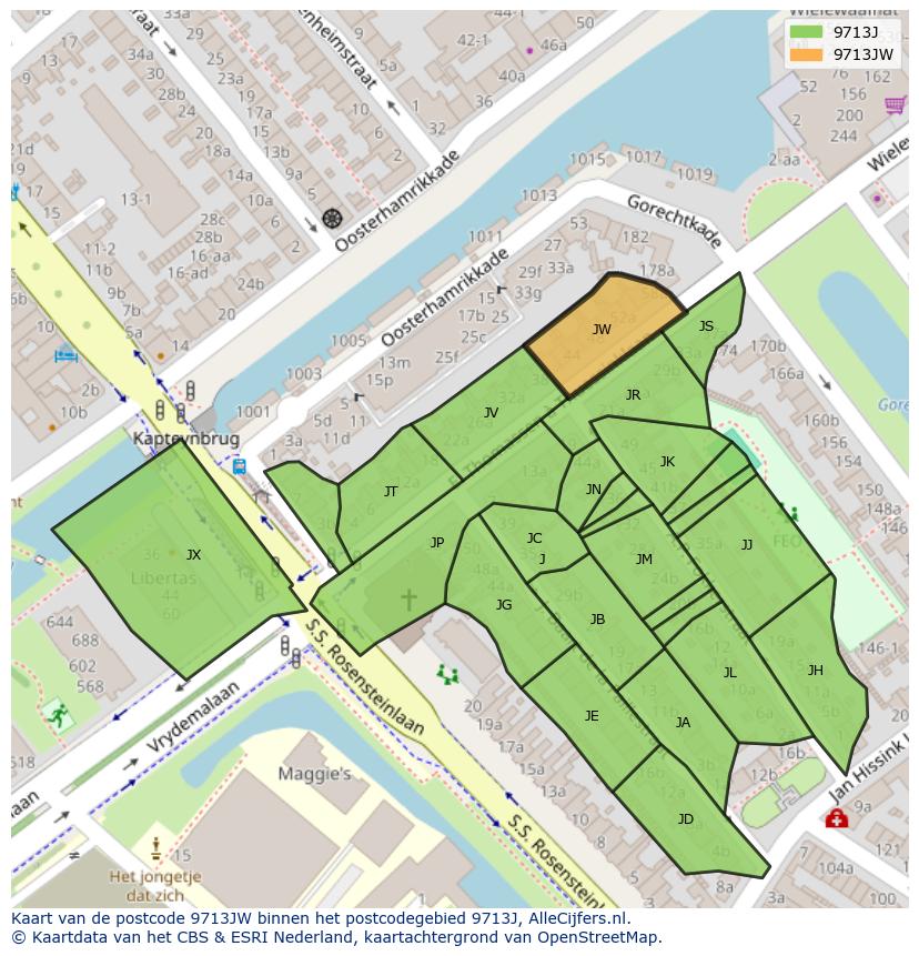 Afbeelding van het postcodegebied 9713 JW op de kaart.