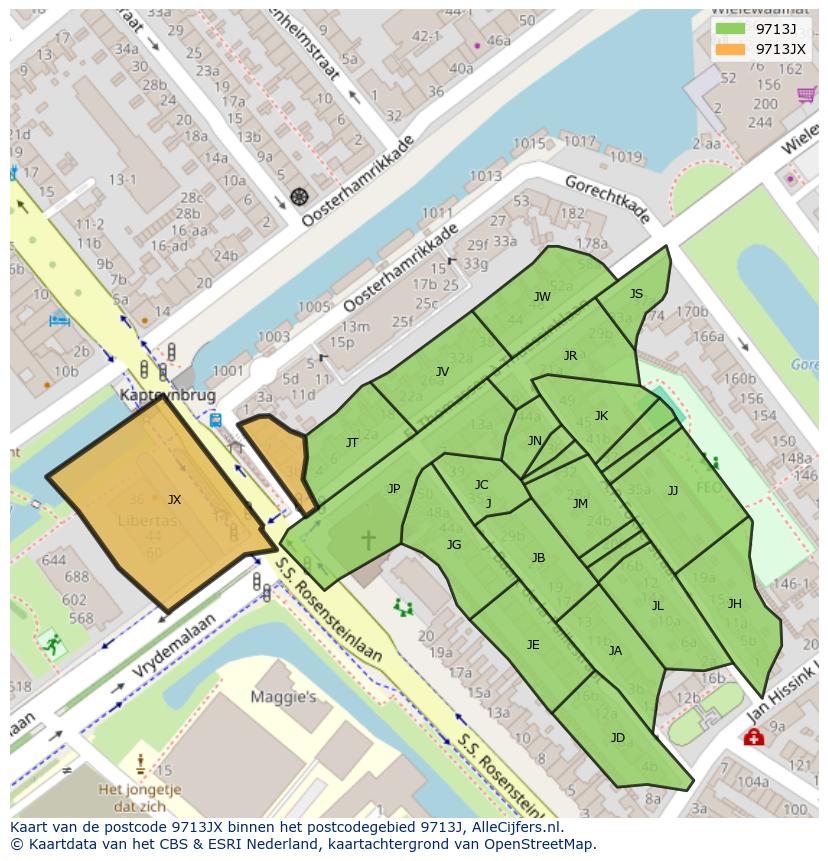 Afbeelding van het postcodegebied 9713 JX op de kaart.