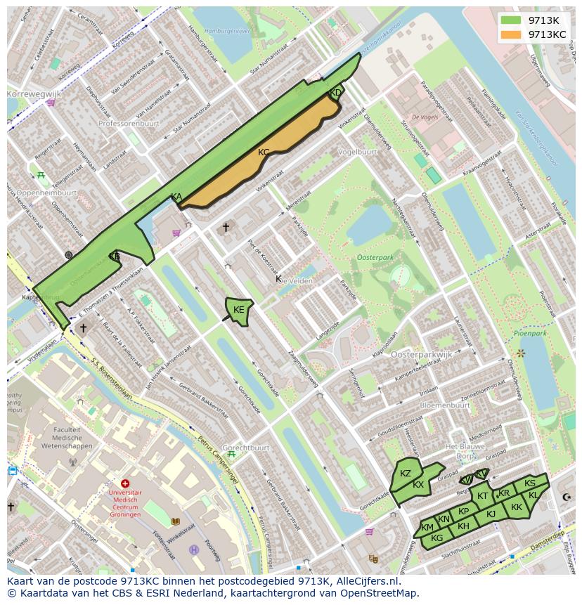 Afbeelding van het postcodegebied 9713 KC op de kaart.