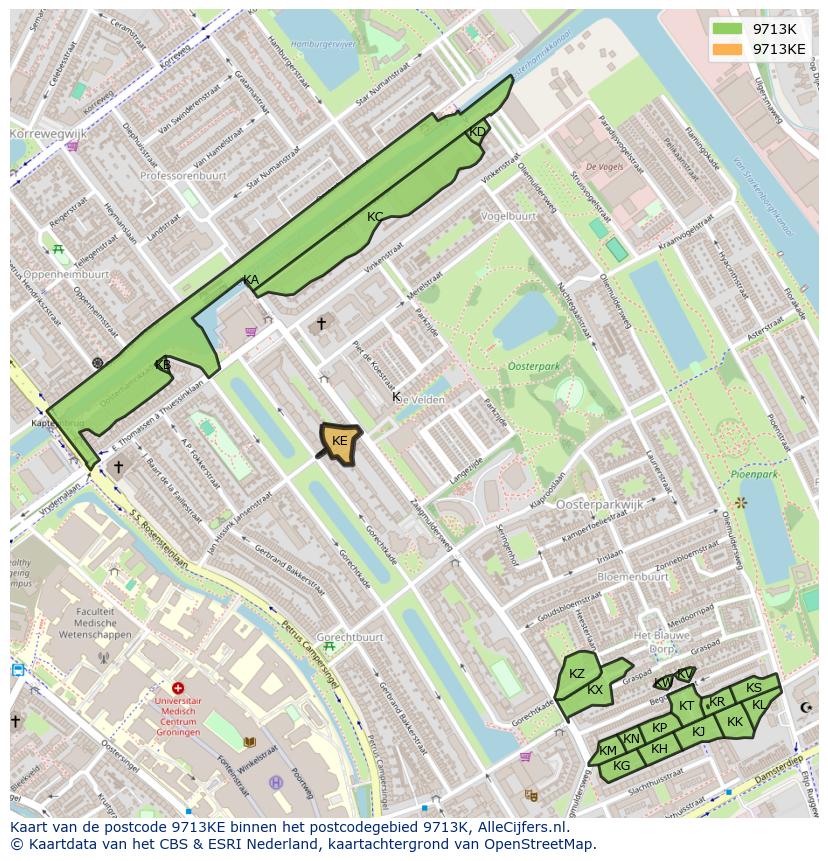 Afbeelding van het postcodegebied 9713 KE op de kaart.