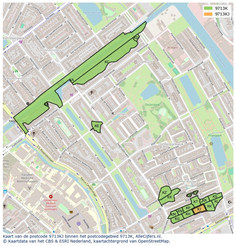 Afbeelding van het postcodegebied 9713 KJ op de kaart.