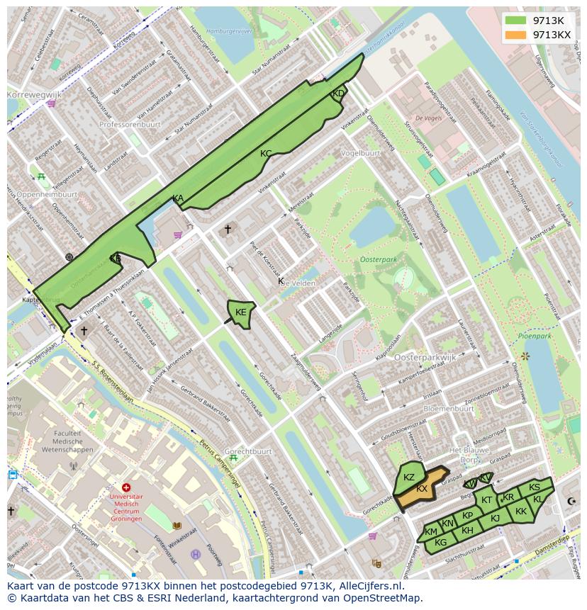 Afbeelding van het postcodegebied 9713 KX op de kaart.