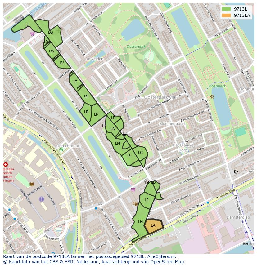 Afbeelding van het postcodegebied 9713 LA op de kaart.