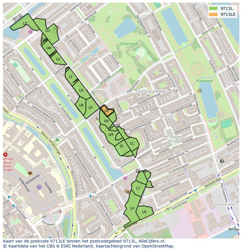 Afbeelding van het postcodegebied 9713 LE op de kaart.