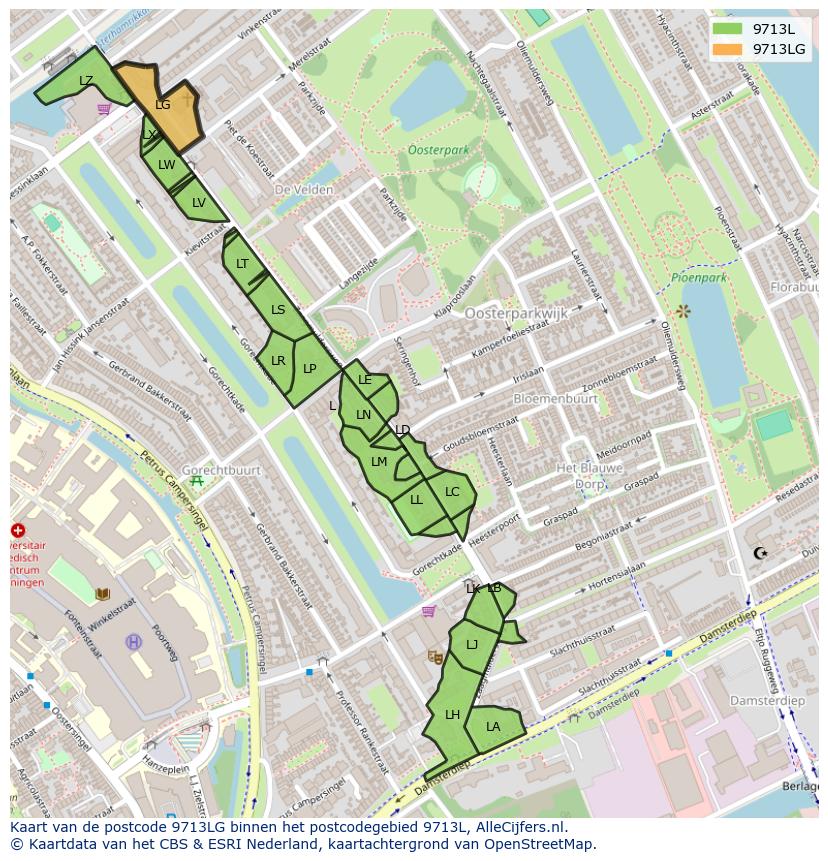 Afbeelding van het postcodegebied 9713 LG op de kaart.