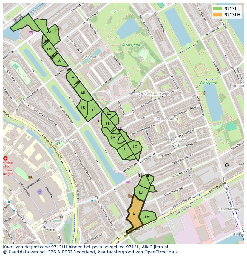 Afbeelding van het postcodegebied 9713 LH op de kaart.