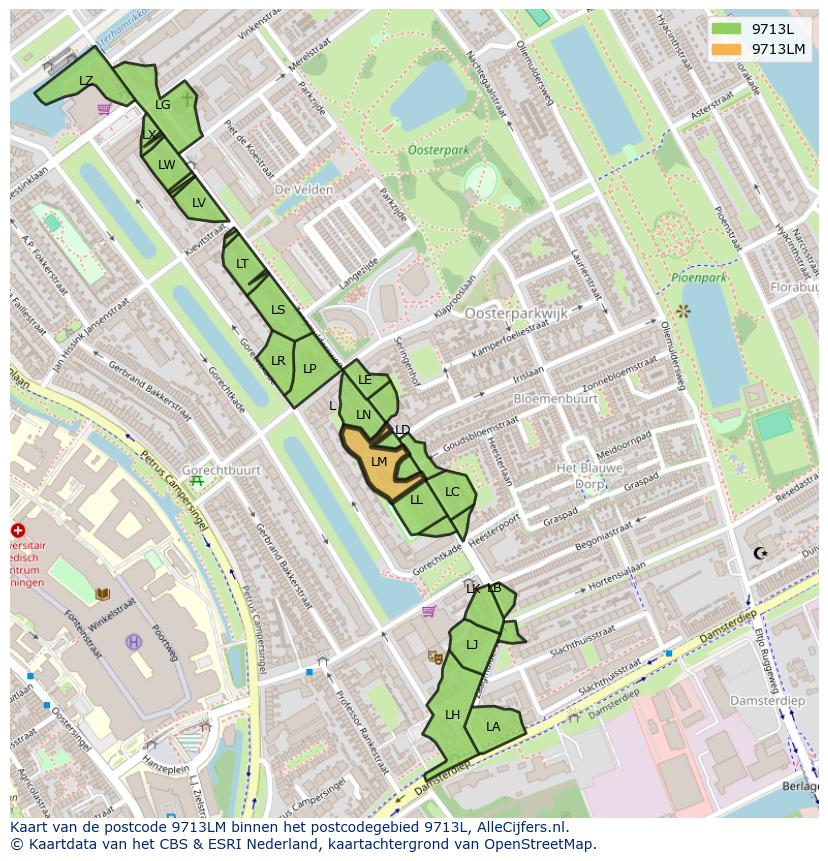 Afbeelding van het postcodegebied 9713 LM op de kaart.