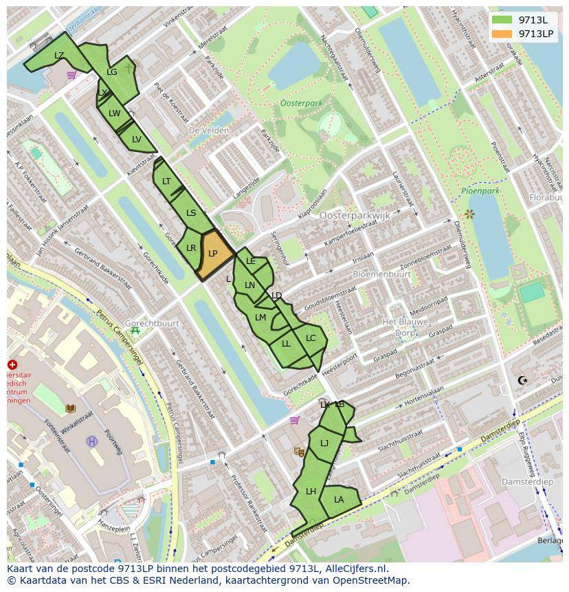 Afbeelding van het postcodegebied 9713 LP op de kaart.
