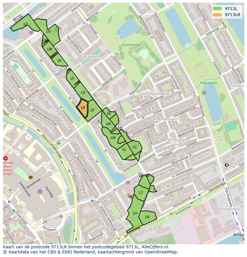 Afbeelding van het postcodegebied 9713 LR op de kaart.