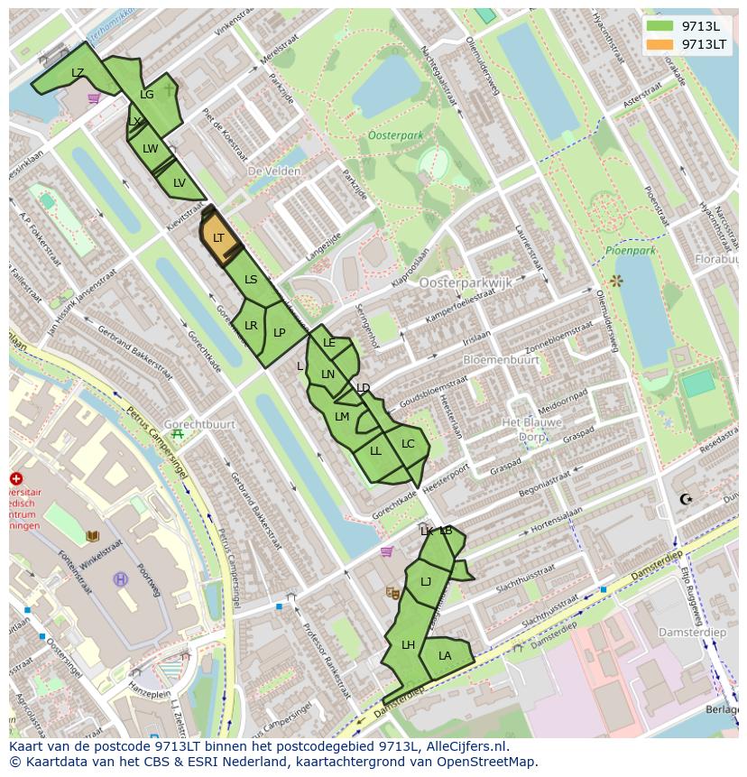 Afbeelding van het postcodegebied 9713 LT op de kaart.