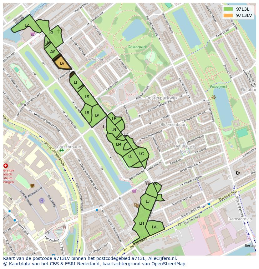 Afbeelding van het postcodegebied 9713 LV op de kaart.