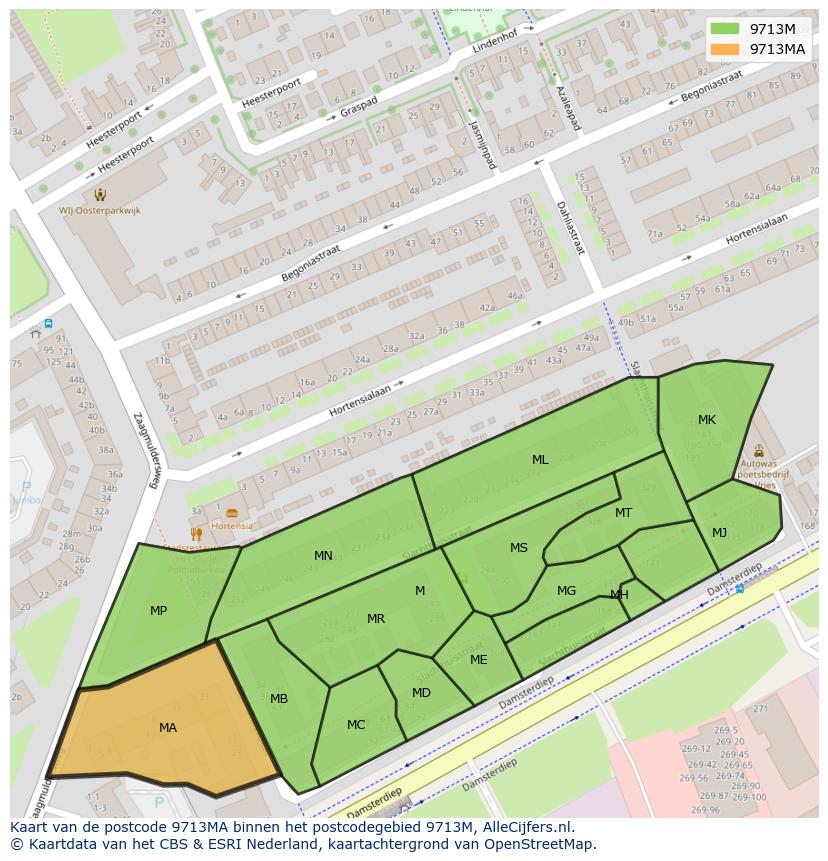 Afbeelding van het postcodegebied 9713 MA op de kaart.