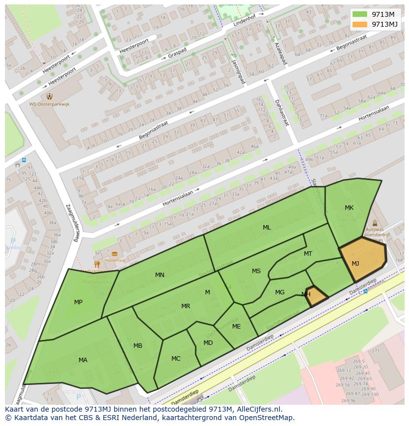 Afbeelding van het postcodegebied 9713 MJ op de kaart.