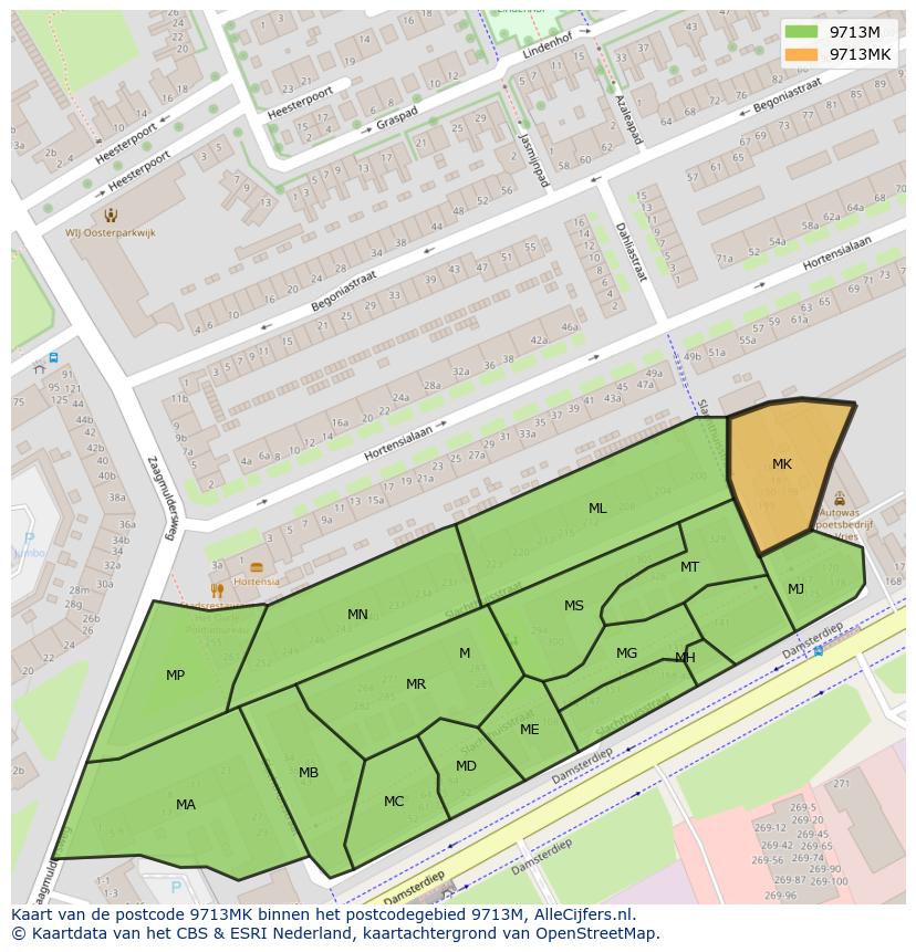 Afbeelding van het postcodegebied 9713 MK op de kaart.