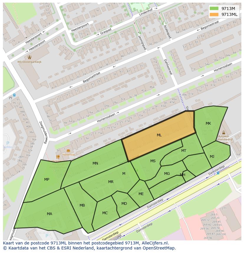 Afbeelding van het postcodegebied 9713 ML op de kaart.