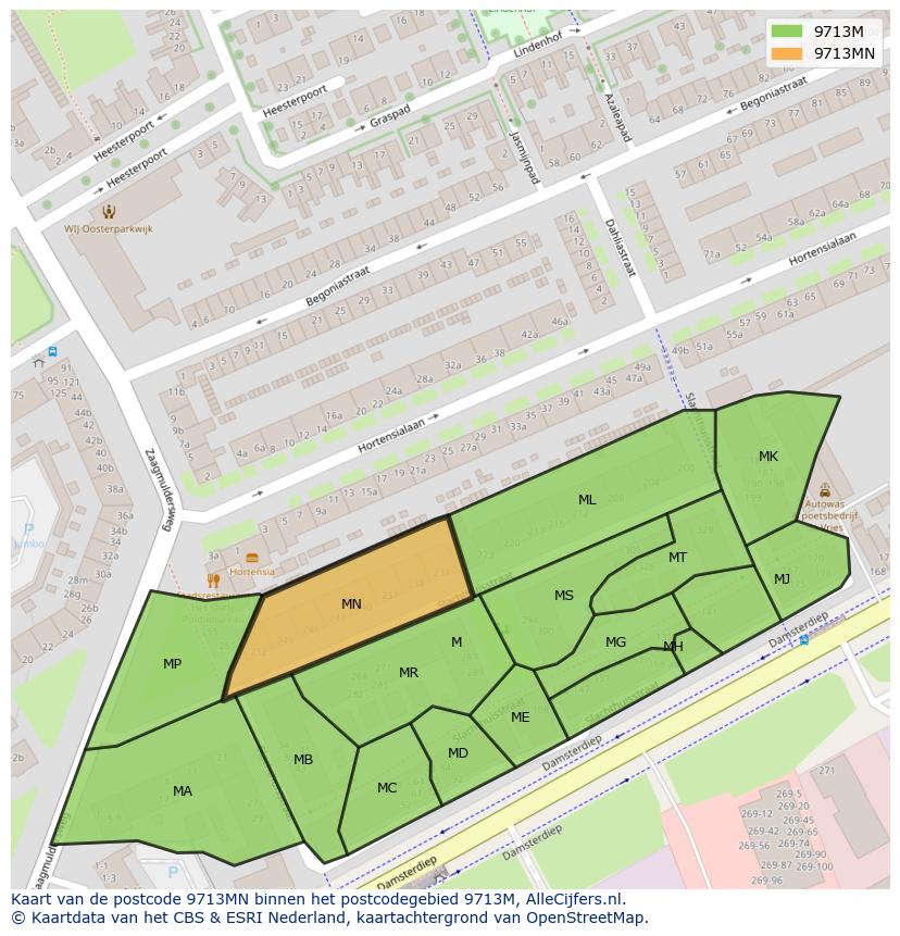 Afbeelding van het postcodegebied 9713 MN op de kaart.