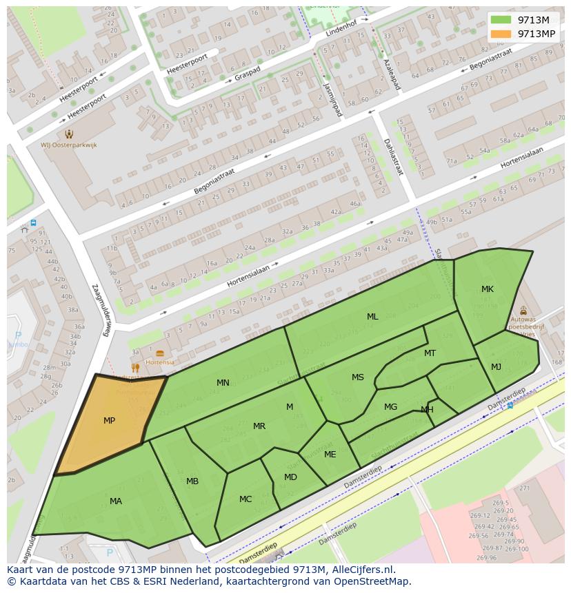 Afbeelding van het postcodegebied 9713 MP op de kaart.