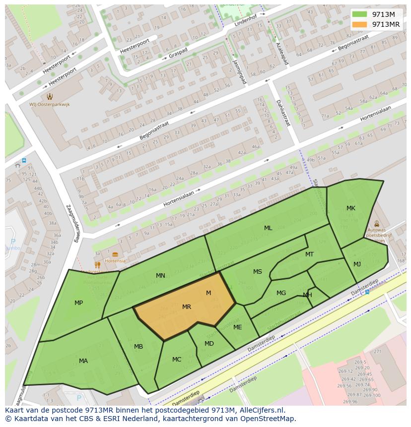 Afbeelding van het postcodegebied 9713 MR op de kaart.