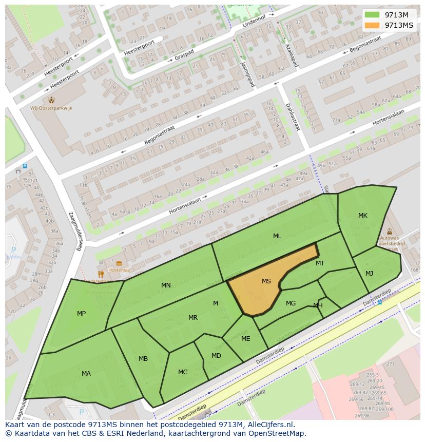 Afbeelding van het postcodegebied 9713 MS op de kaart.