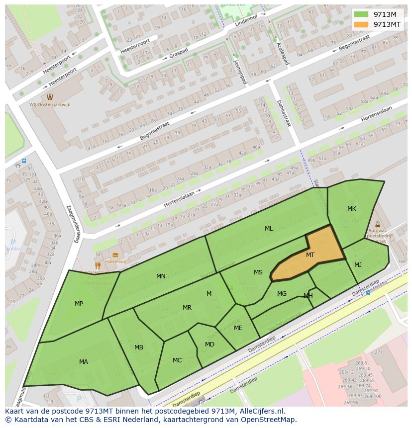 Afbeelding van het postcodegebied 9713 MT op de kaart.