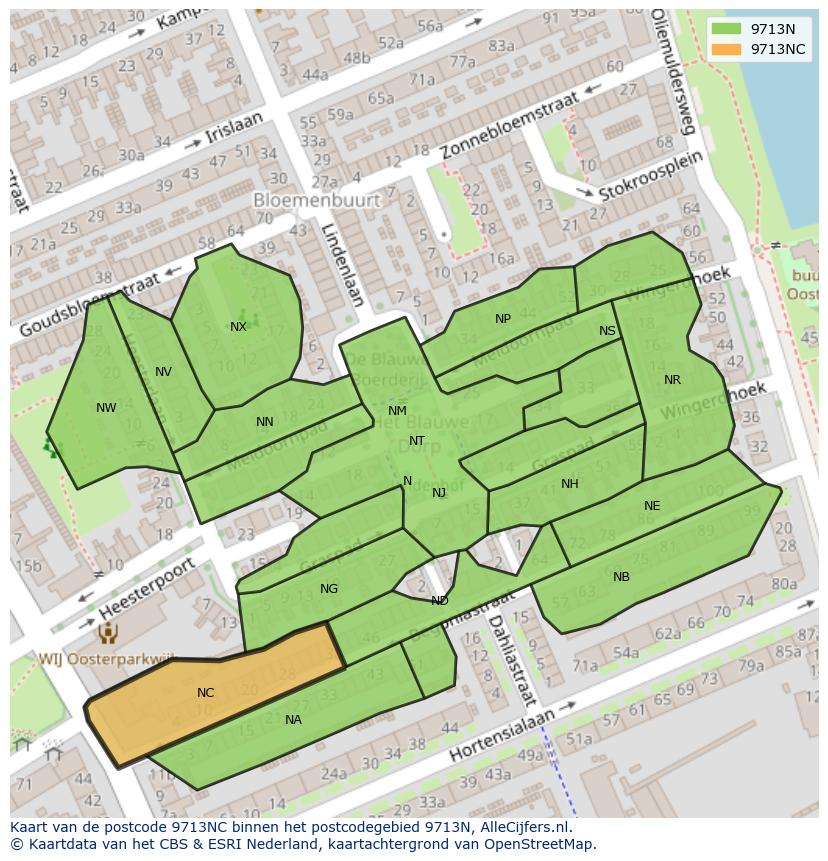 Afbeelding van het postcodegebied 9713 NC op de kaart.