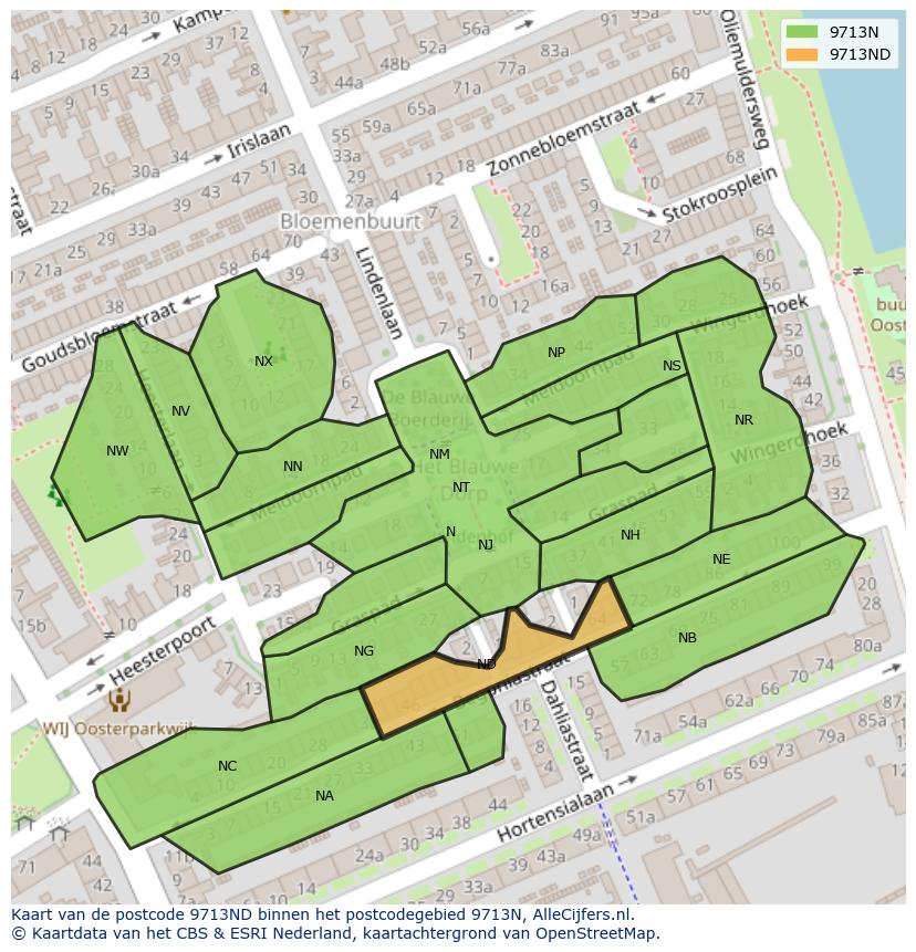 Afbeelding van het postcodegebied 9713 ND op de kaart.