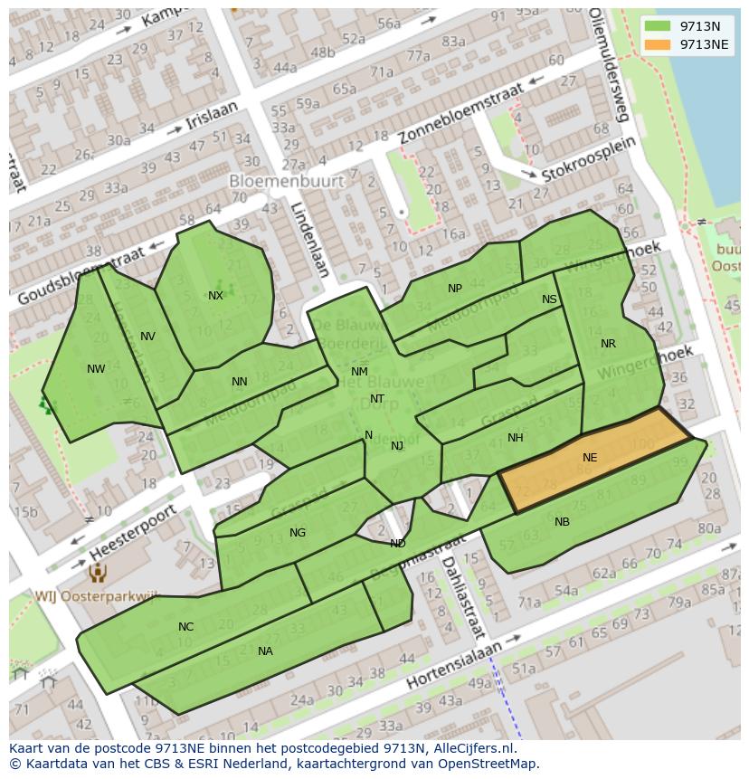 Afbeelding van het postcodegebied 9713 NE op de kaart.