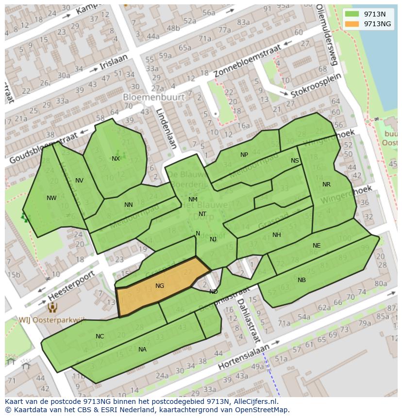 Afbeelding van het postcodegebied 9713 NG op de kaart.