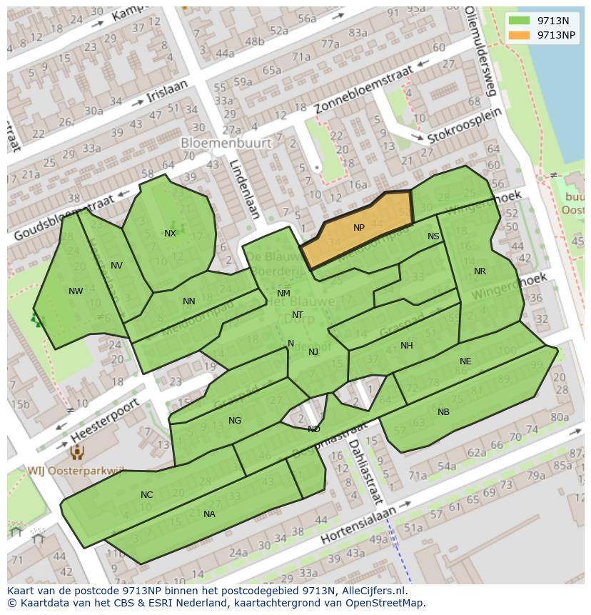 Afbeelding van het postcodegebied 9713 NP op de kaart.