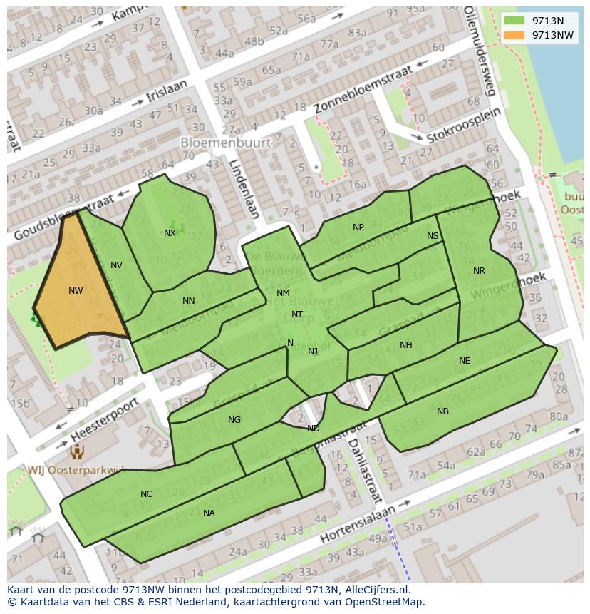 Afbeelding van het postcodegebied 9713 NW op de kaart.