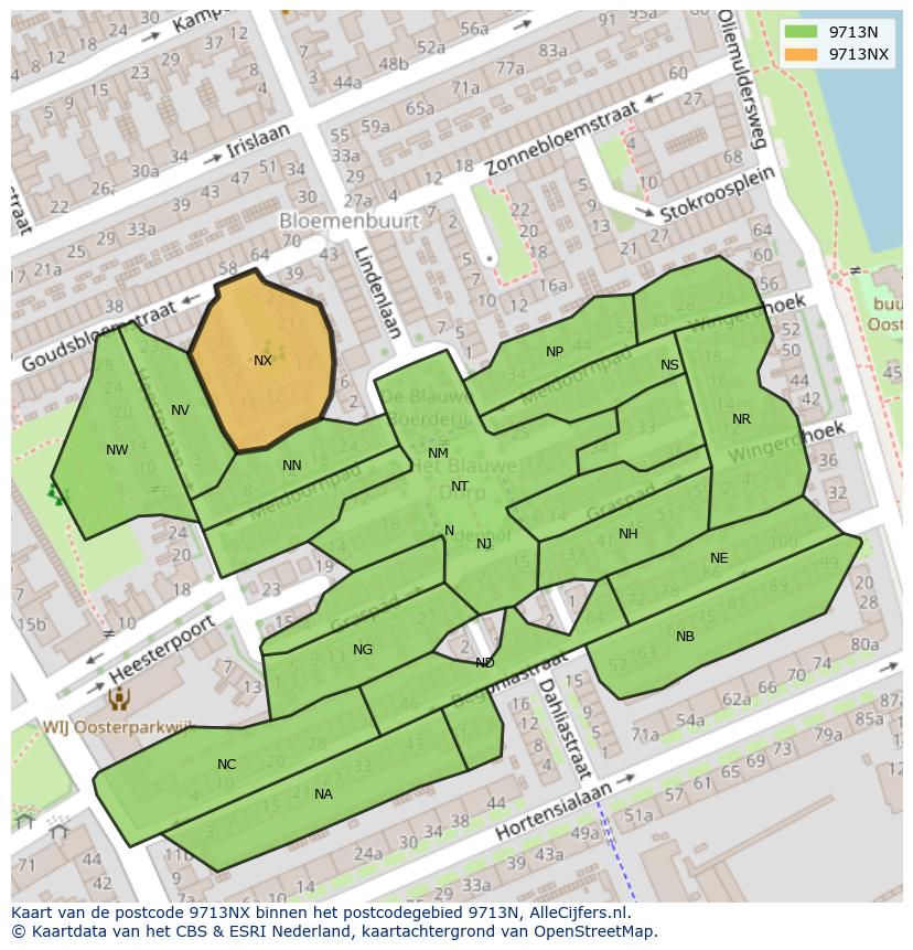 Afbeelding van het postcodegebied 9713 NX op de kaart.