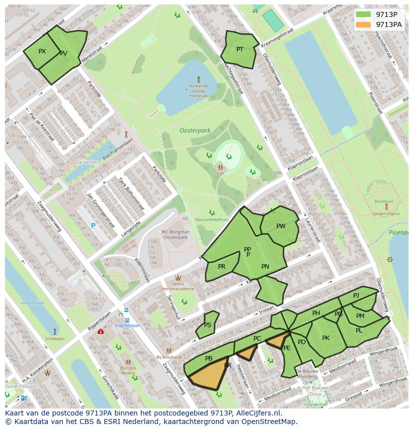 Afbeelding van het postcodegebied 9713 PA op de kaart.