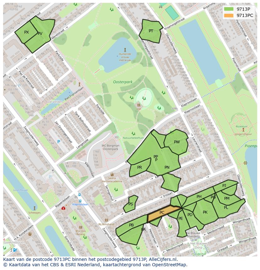 Afbeelding van het postcodegebied 9713 PC op de kaart.