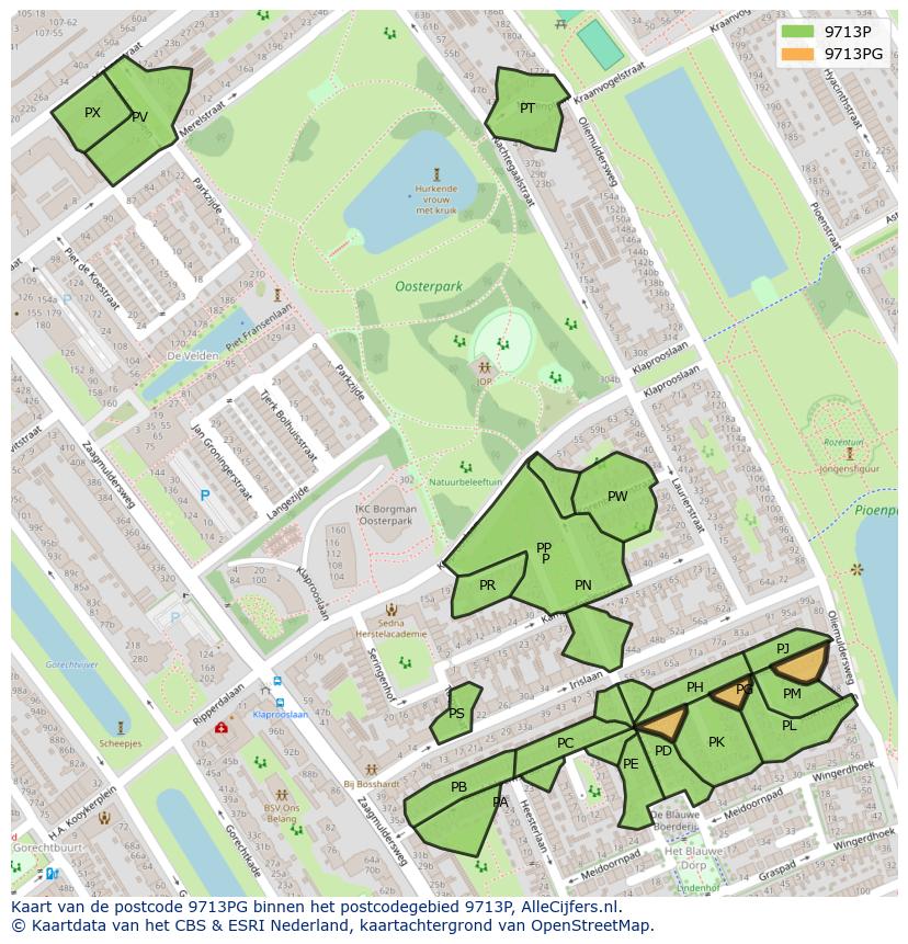 Afbeelding van het postcodegebied 9713 PG op de kaart.