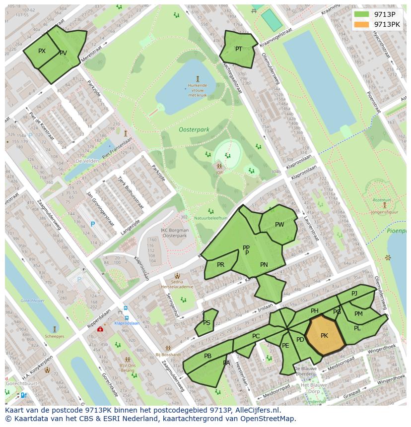 Afbeelding van het postcodegebied 9713 PK op de kaart.