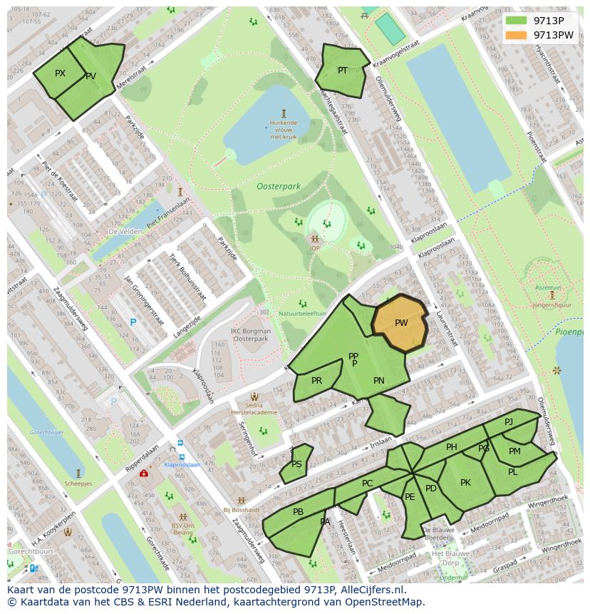 Afbeelding van het postcodegebied 9713 PW op de kaart.