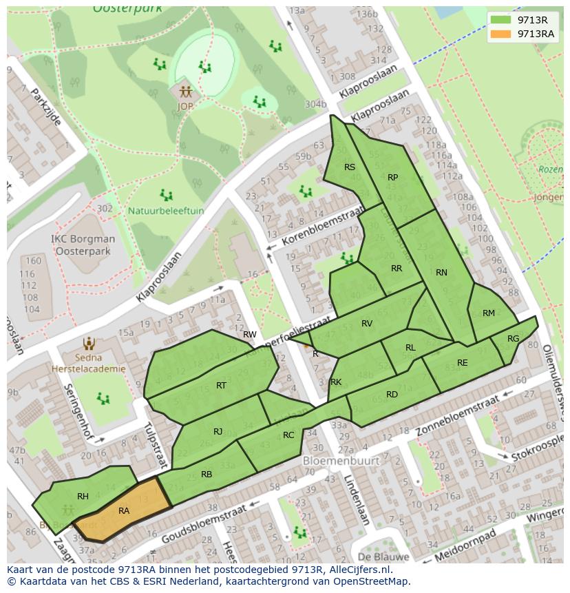Afbeelding van het postcodegebied 9713 RA op de kaart.
